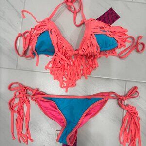 DOLL Two-Piece Bikini – Size M | Aqua & Salmon Fringe Triangle Top & Scrunch Bot